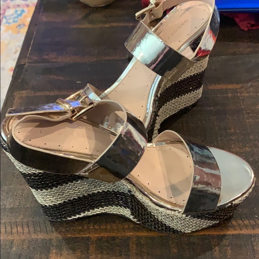 Black and gold wedge sandals